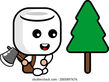 cartoon vector cute marshmallow character who likes camping cutting down trees