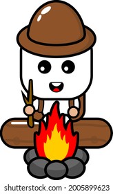 cartoon vector cute marshmallow character who likes to camp sitting behind the campfire