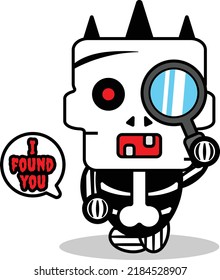 cartoon vector cute mascot halloween skull autumn character holding a magnifying glass. i found you