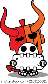 cartoon vector cute mascot skull red devil pumpkin character holding skull board
