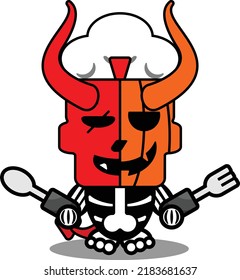 cartoon vector cute mascot skull pumpkin devil red chef character holding spoon and fork