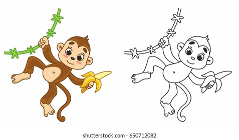 Cartoon vector cute monkey with banana. Vector illustration for kids. Black outline
