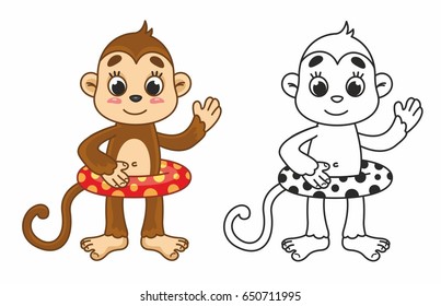 Cartoon vector cute monkey. Vector illustration for kids. Black outline