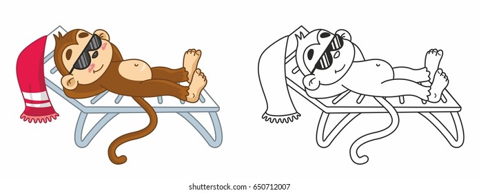 Cartoon vector cute monkey on the beach. Vector illustration for kids. Black outline