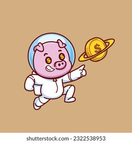 Cartoon vector cute pig astronaut floating in space