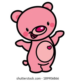 Cartoon vector cute pink cheerful adorable teddy bear with heart isolated in white background