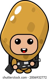 cartoon vector cute potato army mascot costume character holding gun and army bag