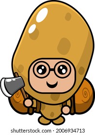 vector de dibujos animados lindo personaje de la mascota de la papa acampando con una bolsa de camping y sosteniendo un hacha