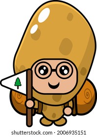 cartoon vector cute potato mascot costume character camping carrying a camping bag and holding a flag