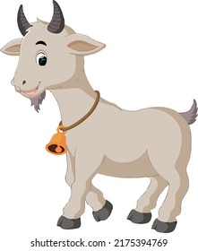 cartoon vector of a cute silver goat, with a bell necklace; full body close-up taken from the side. cute animal template.