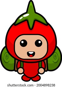 vector de dibujos animados lindo personaje de disfraz de mascota de tomate cargando bolsa de camping