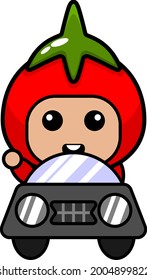 cartoon vector cute tomato mascot costume character driving a car