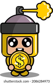 cartoon vector cute yellow pilox spray mascot costume character holding a coin