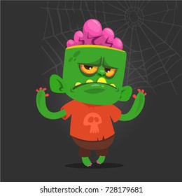 Cartoon vector cute  zombie. Halloween vector illustration of happy zombie isolated on dark background