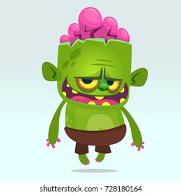 Cartoon vector cute  zombie. Halloween vector illustration of happy monster. Design for print, sticker, emblem, mascot , greetings invitation or party