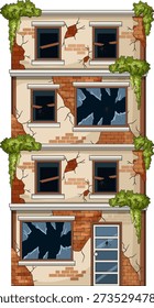 Cartoon vector of decayed three-story apartment building with cracked walls, shattered windows, overgrown greenery