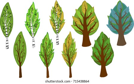 cartoon vector deciduous trees with branches and a green or blue crown