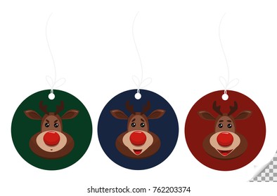 cartoon vector deer transparent label tag on traditional color of christmas and new year with red nose. smiling, be surprised ,evil,disgruntled for label tag, icon, web banner, xmas