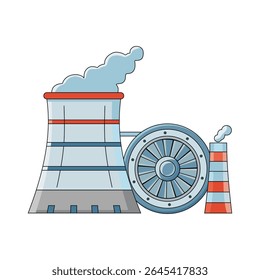 A cartoon vector depicting a power plant with a large cooling tower, a substantial turbine, and a smaller smokestack, symbolizing energy production and industrial processes.