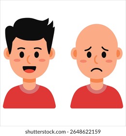 Vetor de desenhos animados de homem careca deprimido vs homem feliz com cabelo. Metáfora visual para soluções de restauração do cabelo e comparações de confiança.