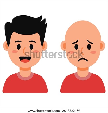 Cartoon vector of depressed bald man vs happy man with hair. Visual metaphor for hair restoration solutions and confidence comparisons.
