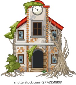 Cartoon vector of derelict brick house with clock tower, creeping vines, twisted tree roots