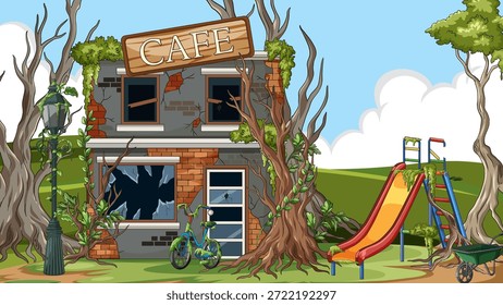 Vector de dibujos animados de cafetería abandonada y patio de recreo superado por árboles, vides y vegetación