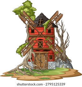 Cartoon vector of derelict red windmill house entangled by gnarled tree roots on isolated ground