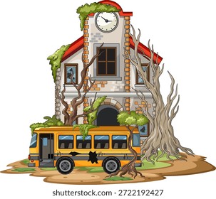 Vector de la historieta de la escuela y del autobús abandonados, árboles crecidos, paredes agrietadas, fondo blanco aislado