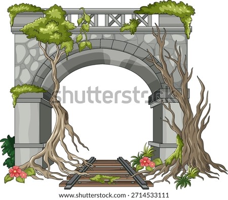Cartoon vector of derelict stone railway bridge with overgrown trees, plants, and broken tracks