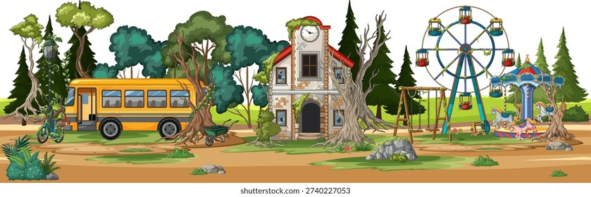 Cartoon vector of deserted forest amusement park, ruined school building, rusty bus, and rides