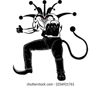 cartoon vector design of a burly creature or monster with red eyes and a scary smiling face with some horns and ornaments around its body and face and wearing black pointed shoes