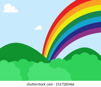 Cartoon vector design: Color of Rainbow, Green bushes, mountains, blue sky and clouds for your design.