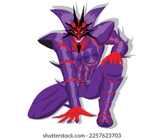 cartoon vector design of a creature or monster with sharp horns and claws with a red face and skin and the creature is wearing a purple-black armor and is in a semi-sitting position