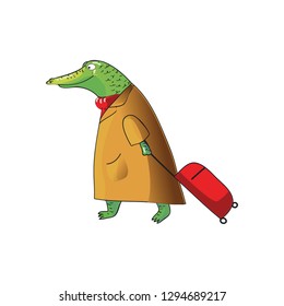 Cartoon vector design of humanized crocodile with suitcase on wheels. Green alligator in brown coat and red scarf