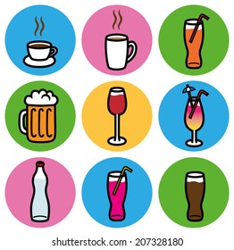 Cartoon vector design illustration of alcoholic and non alcoholic drink icons, badge, sticker