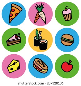 Cartoon vector design illustration of food icon in circle set, badge, sticker