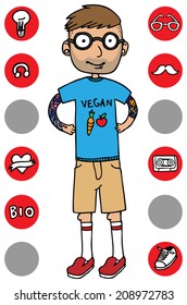 Cartoon vector design illustration of hipster guy boy with icons