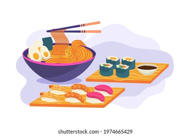 Cartoon Vector Design of illustration Japanese Food Sushi, Ramen, Shashimi Roll, 