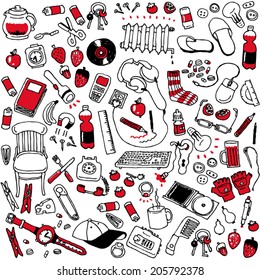 Cartoon vector design illustration of  random assorted things seamless background