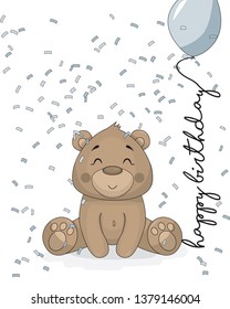 Cartoon vector design invitation card with teddy brown bear holding blue balloon and sitting in confetti with the text Happy birthday 