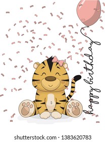 Cartoon vector design invitation card with baby tiger sitting in confetti rain with the text Happy birthday and a pink balloon