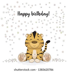 Cartoon vector design invitation card with baby tiger sitting in flower rain with the text Happy birthday