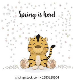 Cartoon vector design invitation card with baby tiger sitting in flower rain with the text Spring is here