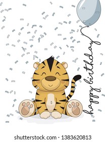 Cartoon vector design invitation card with baby tiger sitting in confetti rain with the text Happy birthday and a blue balloon