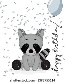 Cartoon vector design invitation card with baby raccoon sitting in confetti rain with the text Happy birthday and a blue balloon