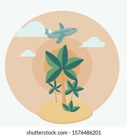 cartoon vector design logo with sun, palms, tropic island and clouds. Emblem illustration on white background. 