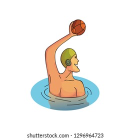 Cartoon vector design of professional sportsman playing in water polo. Male character in rubber swim cap