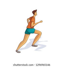 Cartoon vector design of running man. Athletic guy. Male in orange t-shirt and blue shorts. Professional runner