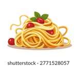 A cartoon vector design shows a serving of pasta with cherry tomatoes and basil leaves. The pasta is arranged in a mound with noodles swirling around each other. Red tomatoes are placed on top, contrasting with the creamy color of the pasta. The basil adds a touch of green to the mix. The entire scene is placed on a plain white background, ensuring focus on the food without distractions. This artwork is simple and clear, suitable for various uses